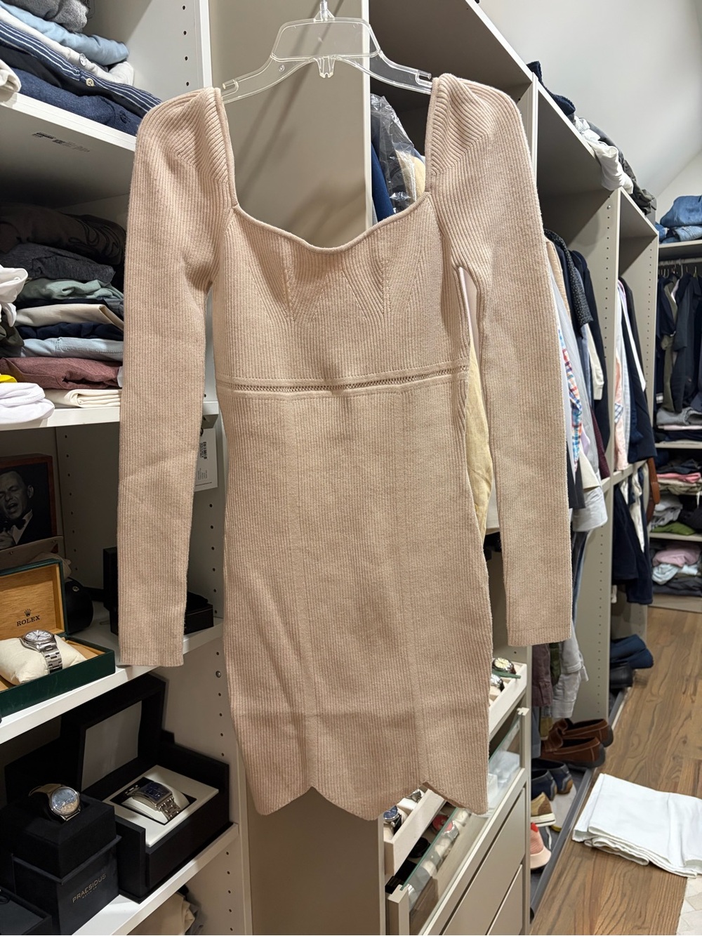 Long Sleeve Knit Square Neck Dress in Beige